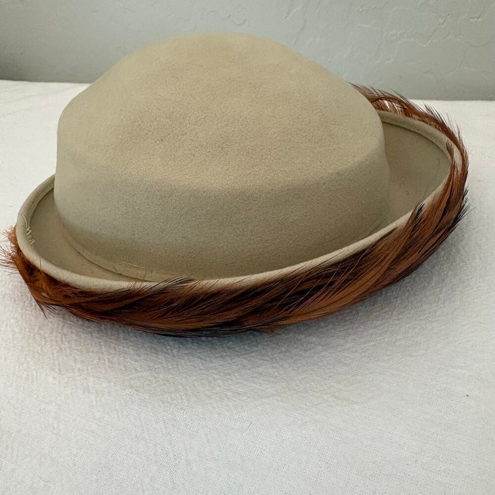 Vintage Wool Felt Hat with Copper Feather Trim 2” Brim Womens Millinery Made USA